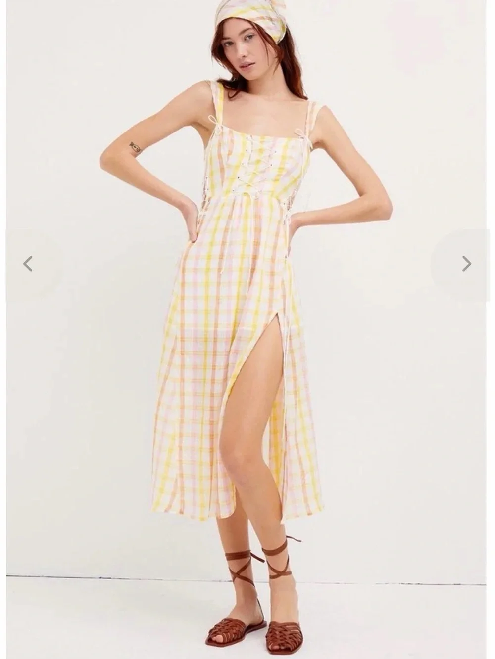 For Love & Lemons Yellow and White Gingham Rue Midi Dress